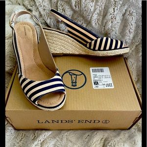 Lands End mid wedge sandal espadrille deep sea navy stripe